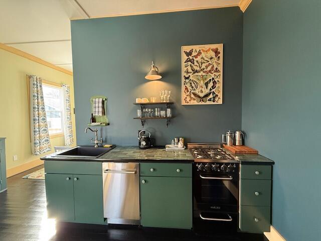 6 School St, Lubec, ME 04652 - bar featuring dark wood finished floors, a sink, indoor wet bar, gas range oven, and crown molding