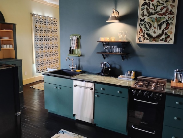 6 School St, Lubec, ME 04652 - kitchen featuring dark wood-style flooring, gas stove, open shelves, and a sink