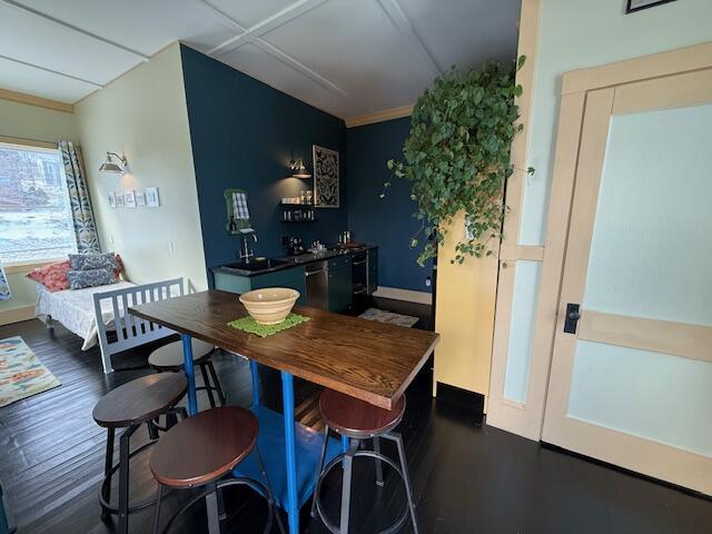 6 School St, Lubec, ME 04652 - bar with a sink, dark wood-type flooring, stainless steel dishwasher, and crown molding