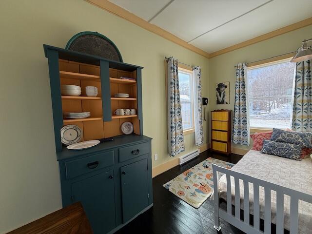 6 School St, Lubec, ME 04652 - bedroom featuring a baseboard heating unit, multiple windows, dark wood-type flooring, and crown molding