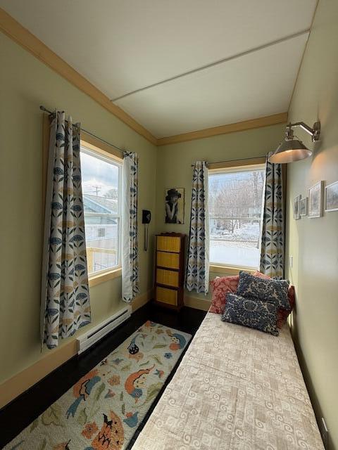 6 School St, Lubec, ME 04652 - bedroom with a baseboard radiator, wood finished floors, and crown molding