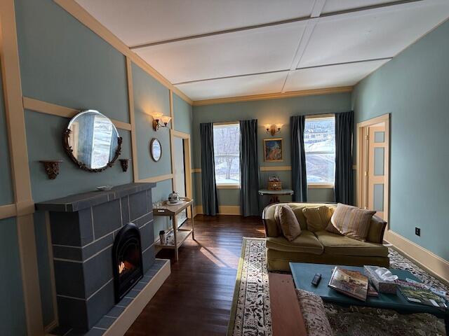 6 School St, Lubec, ME 04652 - living area with baseboards, wood finished floors, and a tiled fireplace