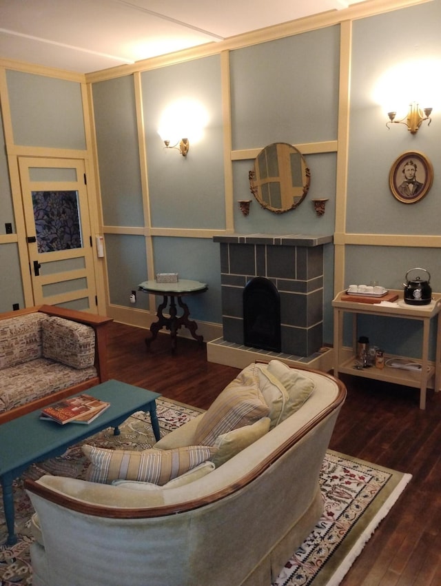 6 School St, Lubec, ME 04652 - living area featuring wood finished floors and a tiled fireplace