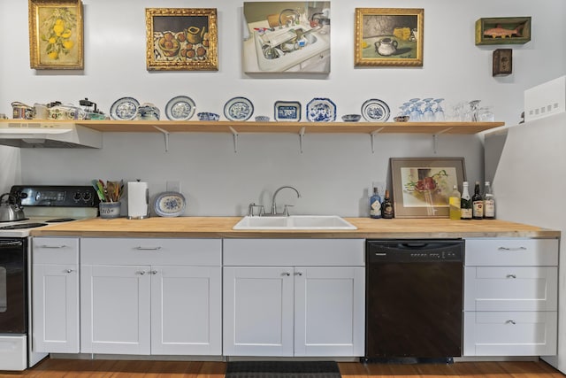 696 Bangor Rd, Troy, ME 04987 - kitchen featuring under cabinet range hood, open shelves, a sink, range with electric stovetop, and black dishwasher