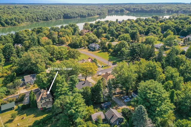 493 Main St, Eliot, ME 03903 - aerial overview of property's location with a nearby body of water and a heavily wooded area
