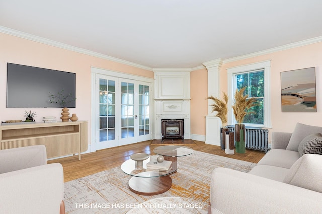 493 Main St, Eliot, ME 03903 - living area with ornamental molding, wood finished floors, radiator, and baseboards