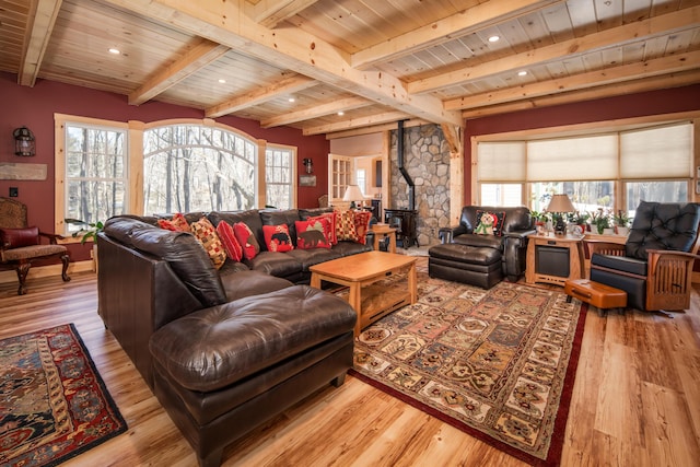 8 Spruce Point Rd, Kittery, ME 03904 - living area with wood ceiling, a wood stove, beamed ceiling, light wood-style floors, and recessed lighting