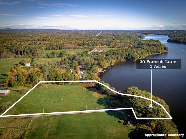 birds eye view of property featuring a water view and a wooded view