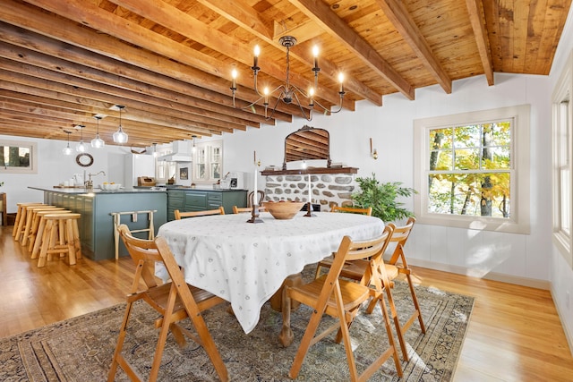 dining space with beam ceiling, baseboards, light wood-type flooring, wood ceiling, and a notable chandelier