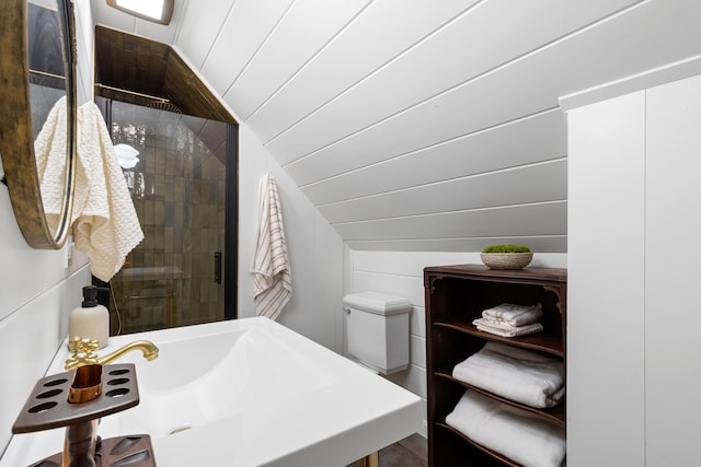 bathroom with vaulted ceiling, a shower stall, and a sink