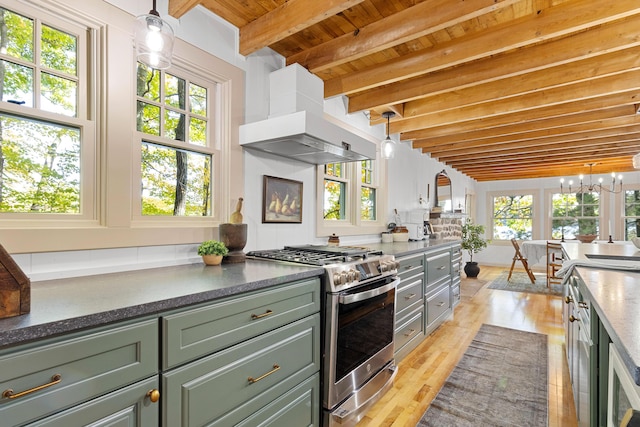 kitchen featuring wooden ceiling, beamed ceiling, stainless steel range with gas cooktop, green cabinetry, and extractor fan