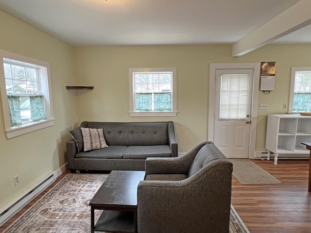 25 Garland Rd, Casco, ME 04015 - living room with wood finished floors, baseboards, and a baseboard radiator