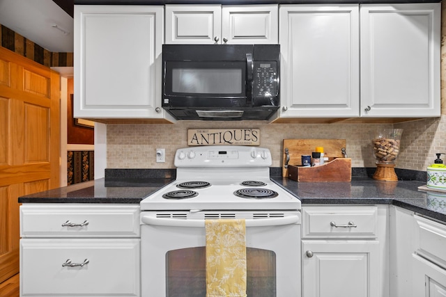 663 Eastbrook Rd, Eastbrook, ME 04634 - kitchen featuring black microwave, electric stove, white cabinetry, and decorative backsplash