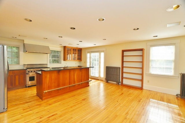 kitchen featuring light wood-style flooring, extractor fan, glass insert cabinets, appliances with stainless steel finishes, and dark countertops