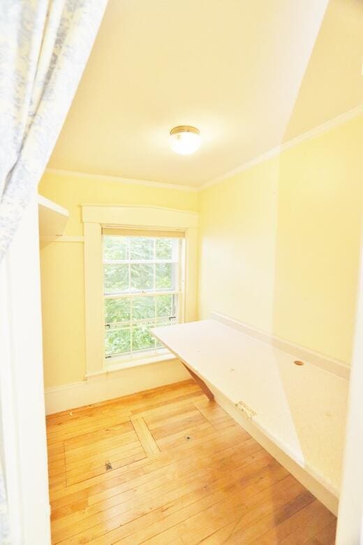 corridor featuring crown molding, baseboards, and wood-type flooring