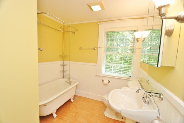 bathroom with a sink, wood finished floors, wainscoting, a shower, and a freestanding bath