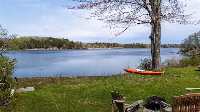 138 Hewes Point Rd, Islesboro, ME 04848 - water view with a fire pit and a heavily wooded area