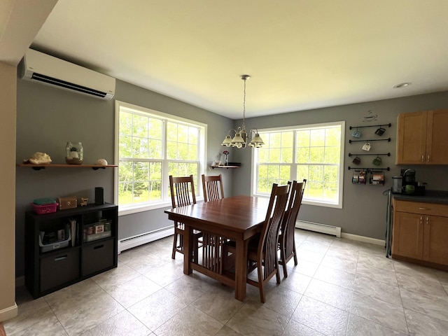 38 Dunston Dr, Glenburn, ME 04401 - dining space with a wall mounted air conditioner, a baseboard heating unit, a chandelier, and light tile patterned floors