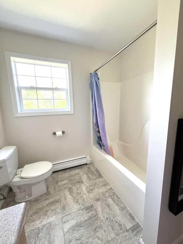 38 Dunston Dr, Glenburn, ME 04401 - full bath featuring baseboard heating, marble look tiles, and shower / tub combo with curtain