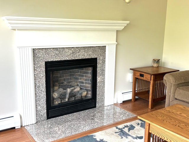 38 Dunston Dr, Glenburn, ME 04401 - detailed view of baseboard heating, wood finished floors, and a high end fireplace