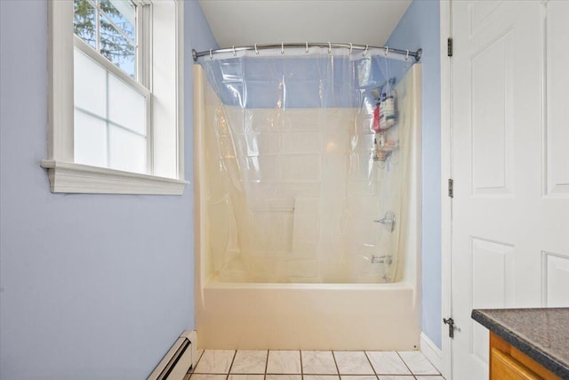 bathroom featuring shower / tub combo with curtain, vanity, and baseboard heating