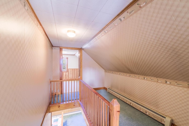 88 Snowball Hill Rd, Bristol, ME 04554 - stairs featuring carpet floors, vaulted ceiling, and wallpapered walls
