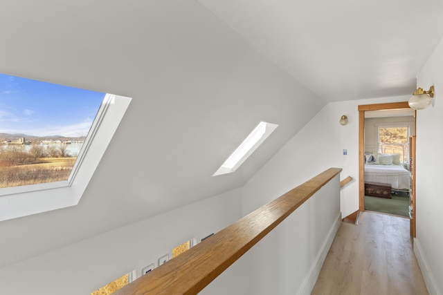 108 N Shore Dr, Owls Head, ME 04854 - hallway with lofted ceiling with skylight, baseboards, and light wood-style flooring