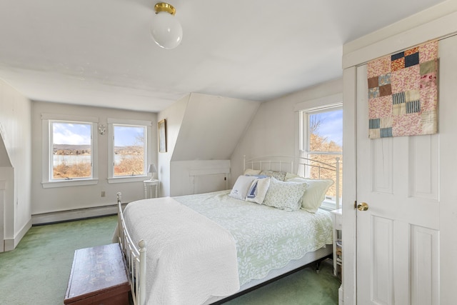 108 N Shore Dr, Owls Head, ME 04854 - bedroom featuring carpet floors, vaulted ceiling, and a baseboard radiator