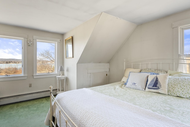 108 N Shore Dr, Owls Head, ME 04854 - bedroom with carpet floors, lofted ceiling, and baseboard heating