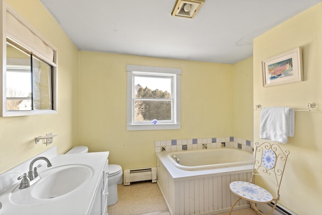 108 N Shore Dr, Owls Head, ME 04854 - bathroom with a bath, vanity, toilet, and baseboard heating