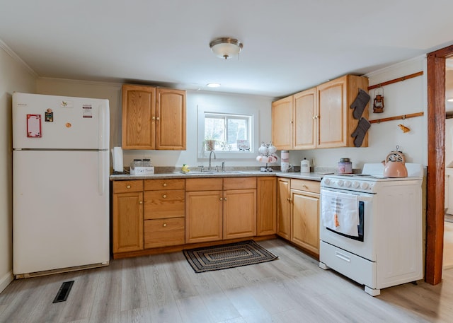 345 Songo Pond Rd, Bethel, ME 04217 - kitchen featuring visible vents, ornamental molding, light wood-style flooring, white appliances, and a sink
