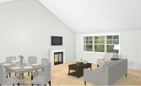 TBD Ridge Ter Lot 1, North Berwick, ME 03906 - living area featuring a warm lit fireplace and high vaulted ceiling