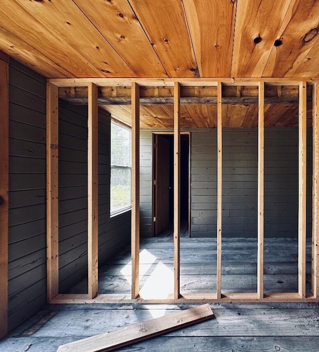 misc room featuring wooden ceiling and wooden walls