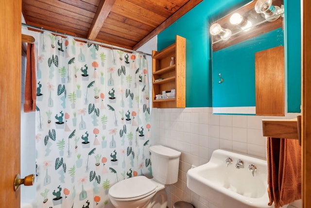 bathroom with tile walls, wooden ceiling, a shower with shower curtain, and toilet