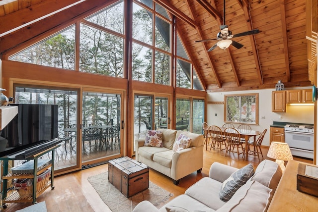 living area featuring beam ceiling, light wood-type flooring, wood ceiling, and high vaulted ceiling