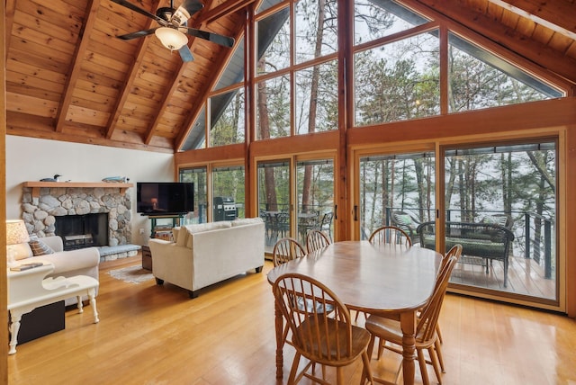 dining area featuring ceiling fan, wood ceiling, beamed ceiling, and light wood-style floors