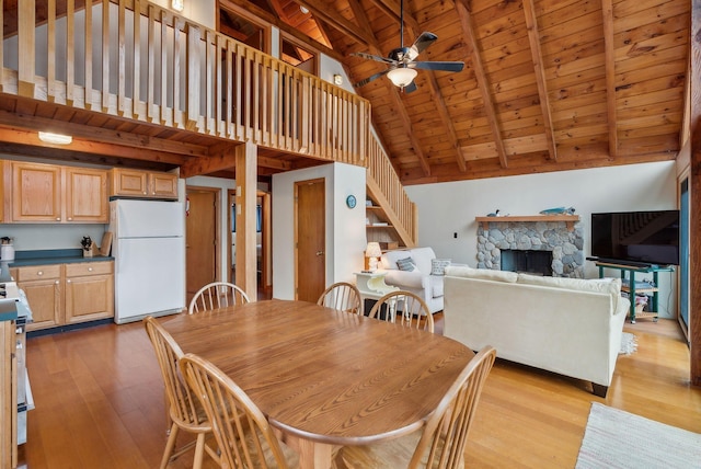 dining room with a ceiling fan, wood ceiling, high vaulted ceiling, beamed ceiling, and light wood-type flooring