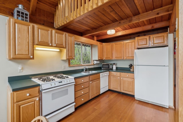 kitchen with a sink, white appliances, light wood-type flooring, wooden ceiling, and beamed ceiling