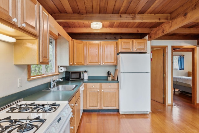 kitchen featuring wooden ceiling, light wood-style flooring, a sink, and white appliances