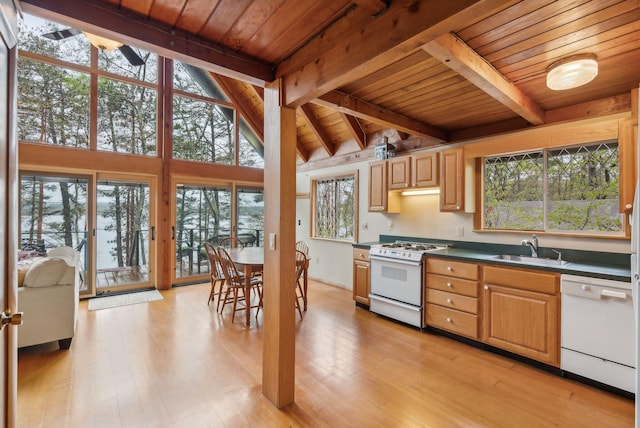 kitchen featuring a sink, white appliances, lofted ceiling with beams, wooden ceiling, and light wood finished floors