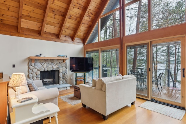 living area featuring beam ceiling, wood ceiling, high vaulted ceiling, and wood finished floors