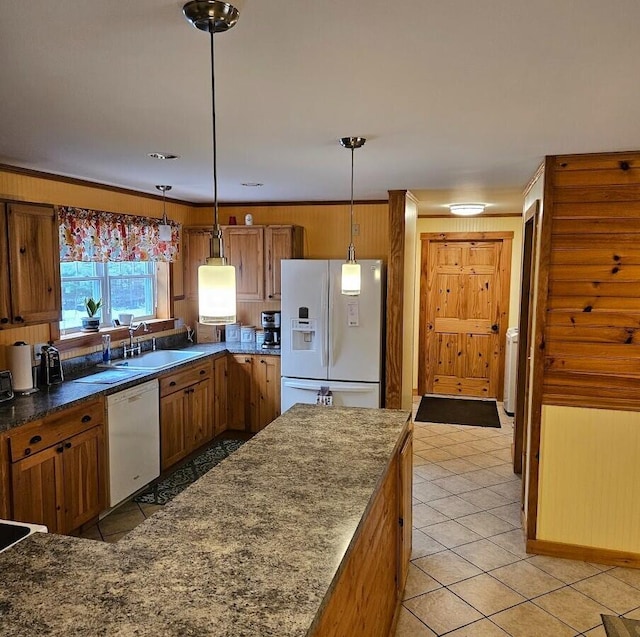 277 Grant Rd, Saint Albans, ME 04971 - kitchen featuring a sink, brown cabinetry, white appliances, and pendant lighting