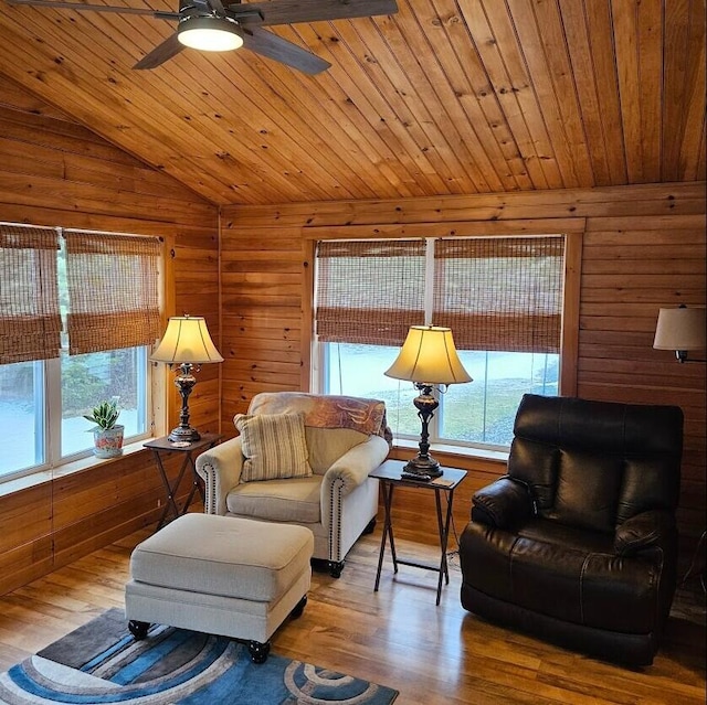 277 Grant Rd, Saint Albans, ME 04971 - living area featuring wood ceiling, wood finished floors, ceiling fan, and vaulted ceiling