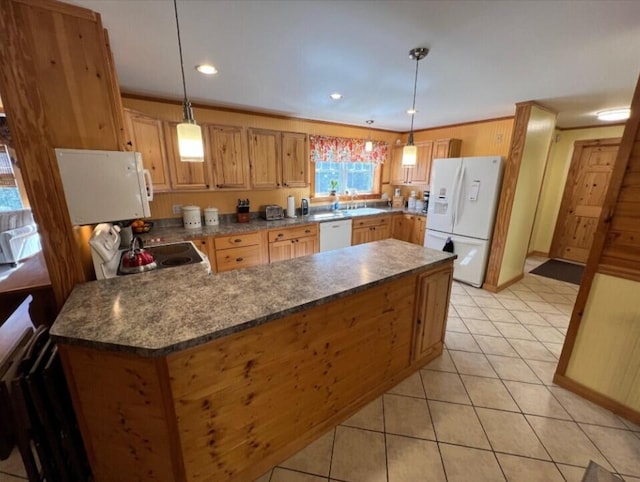 277 Grant Rd, Saint Albans, ME 04971 - kitchen featuring decorative light fixtures, white appliances, light tile patterned flooring, and a peninsula