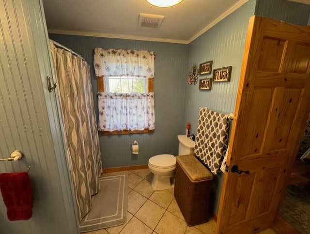 277 Grant Rd, Saint Albans, ME 04971 - bathroom featuring crown molding, tile patterned flooring, visible vents, toilet, and a stall shower