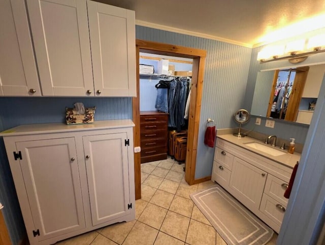 277 Grant Rd, Saint Albans, ME 04971 - bathroom with tile patterned floors, vanity, and ornamental molding
