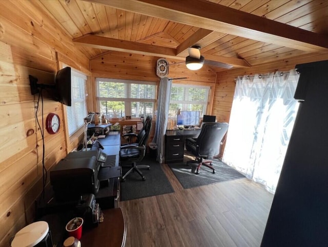 277 Grant Rd, Saint Albans, ME 04971 - office area with wood finished floors, wood walls, lofted ceiling with beams, and a ceiling fan