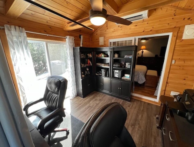 277 Grant Rd, Saint Albans, ME 04971 - office space featuring wood walls, ceiling fan, wood finished floors, and wood ceiling