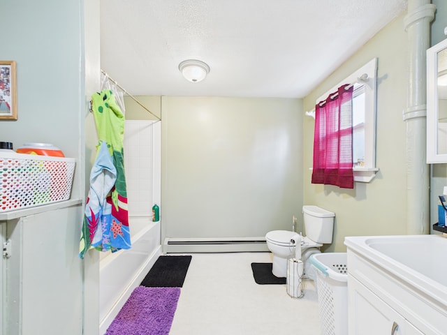 45 Crosby Ave, Caribou, ME 04736 - bathroom featuring vanity, a textured ceiling, toilet, shower / bathtub combination with curtain, and a baseboard radiator