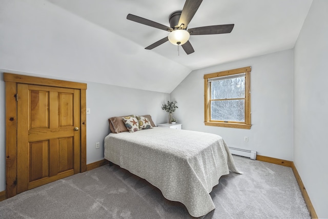 bedroom featuring baseboards, dark colored carpet, a baseboard radiator, ceiling fan, and lofted ceiling